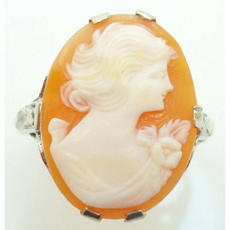10K Gold Art Deco Oval Genuine Natural Cameo Ring with Woman'S Profile (#J2889)
