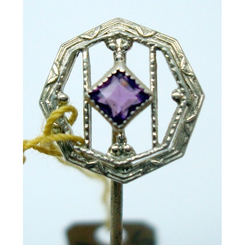 10K Gold Art Deco Stick Pin with Genuine Natural Amethyst (#J2689)
