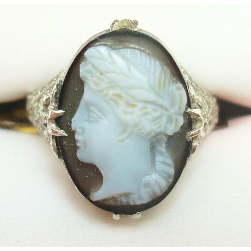 10K Gold Filigree / Art Deco Oval Hard Stone Genuine Natural Cameo Ring (#J2557)