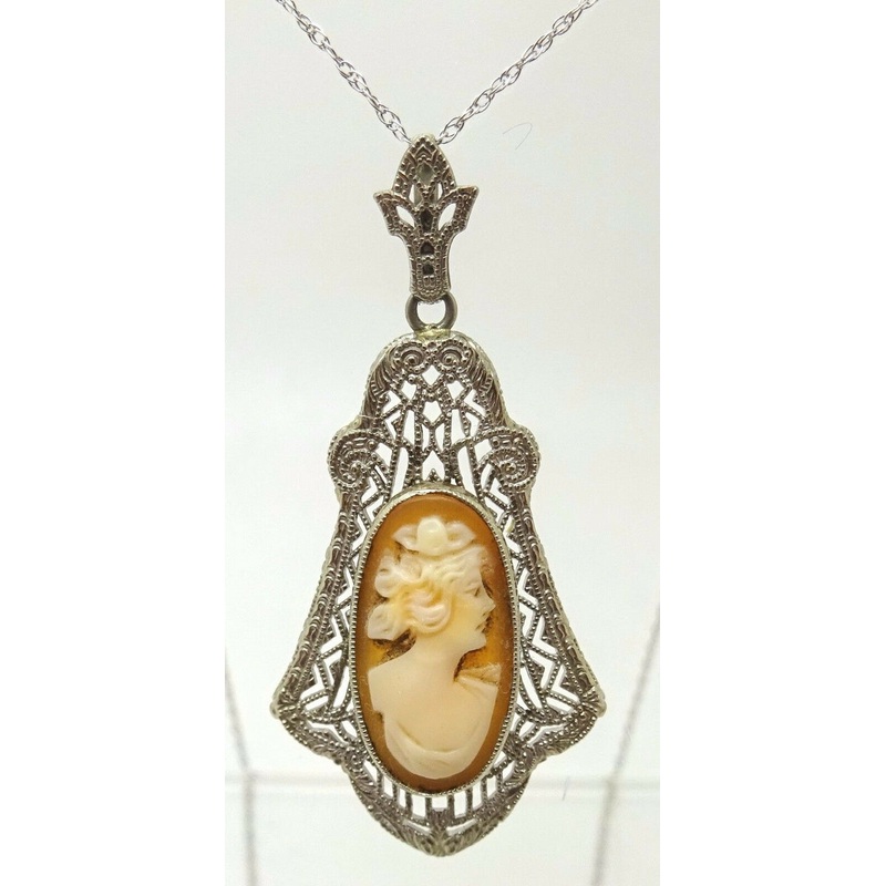 10k Gold Filigree Genuine Natural Cameo Pendant with 14k Gold Chain (#J3547)