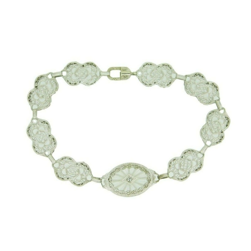 10k Gold Genuine Natural Filigree Rock Crystal Bracelet with Diamond (#J4607)