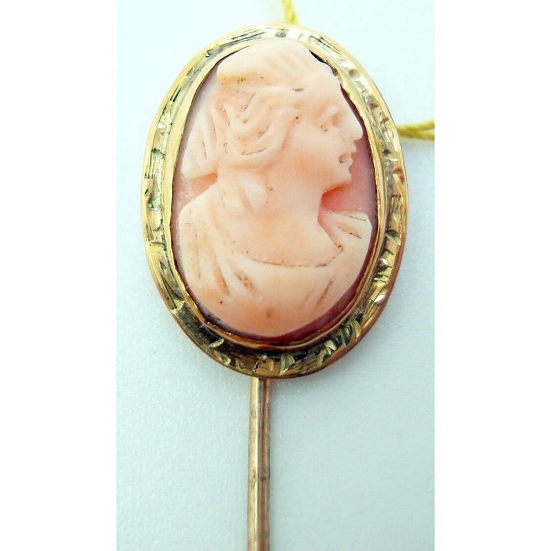 10k Gold Oval Coral Genuine Natural Cameo Stick Pin Jewelry (#J2673)