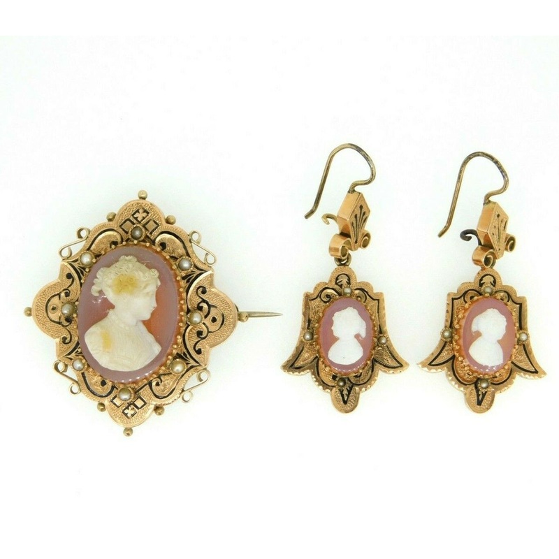 10k Rose Gold Stone Cameo Pin and Earring 3-Piece Set Victorian (#J4470)