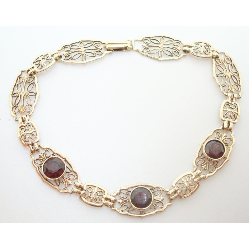 10k Yellow Gold Filigree Bracelet with Three Genuine Natural Garnets (#J2775)