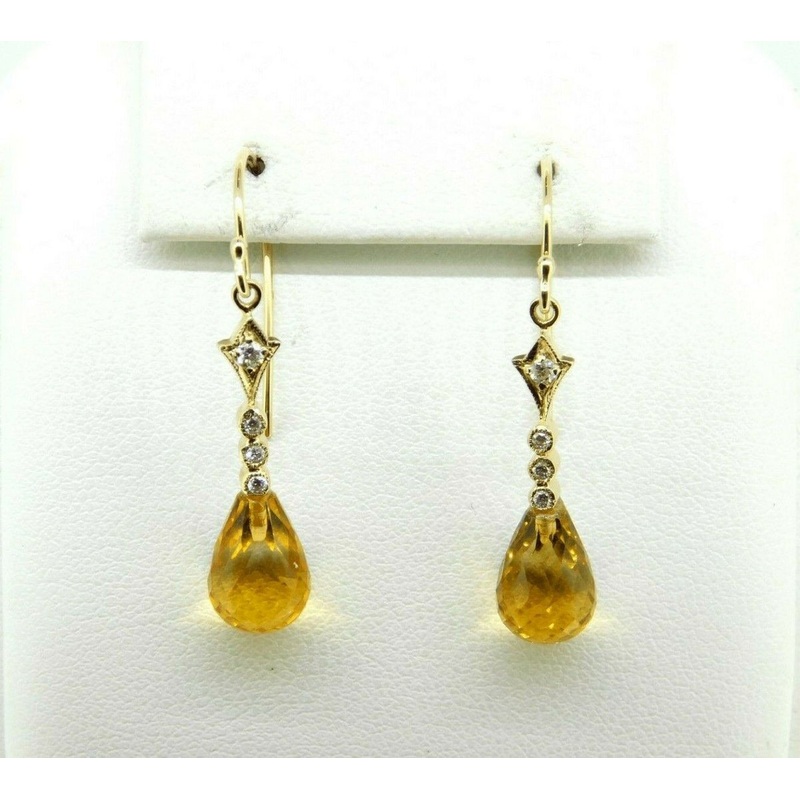 14k Gold Briolette Genuine Natural Citrine and Diamond Drop Earrings (#J4475)