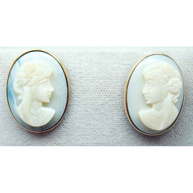 14K Gold Carved Genuine Natural Cameo Opal Earrings (#J3020)