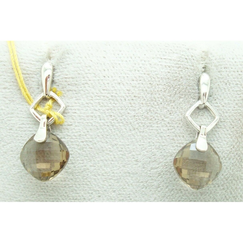 14K Gold Checkerboard Genuine Natural Smoky Quartz Earrings (#J2398)