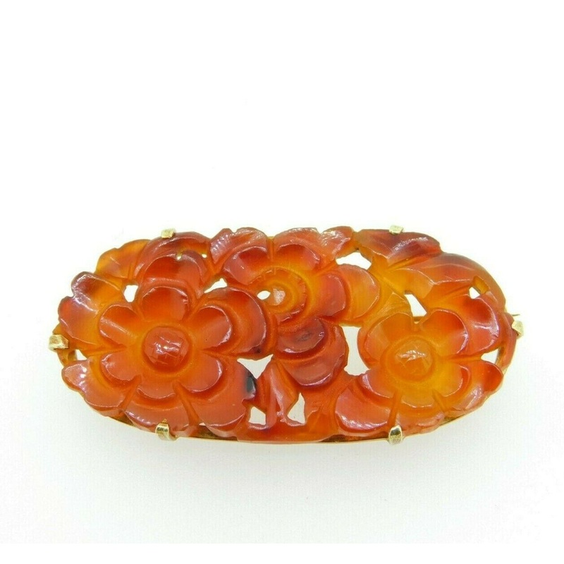14k Gold Chinese Export Carved Genuine Natural Carnelian Pin (#J5060)