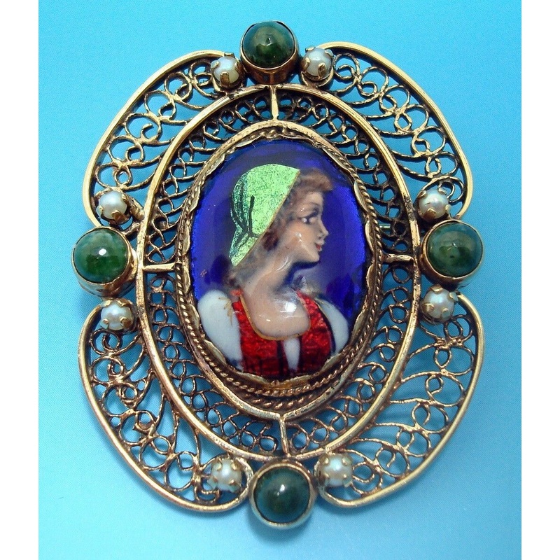 14K Gold French Enamel Brooch with Seed Pearls and Agates (#J2951)