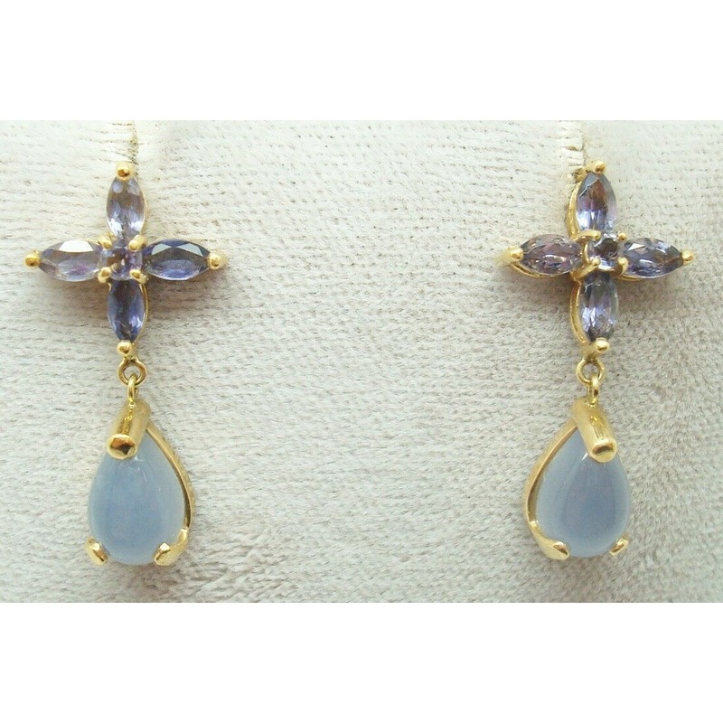 14K Gold Genuine Natural Chalcedony and Tanzanite Dangle Earrings (#J3086)