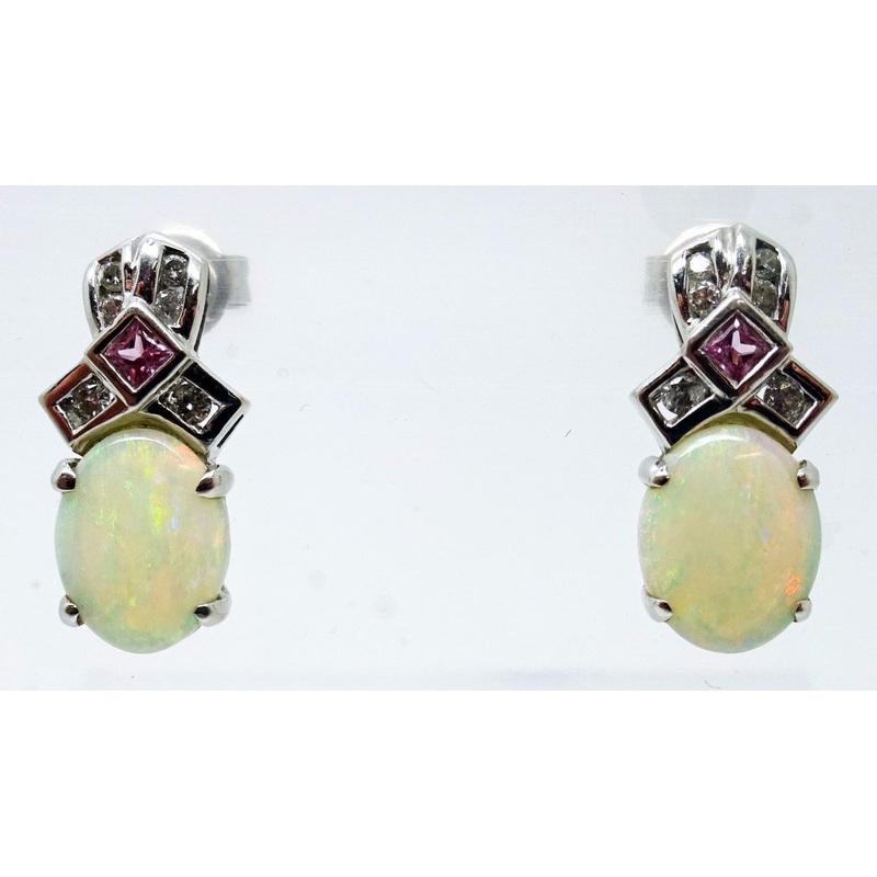 14k Gold Genuine Natural Opal Post Earrings w/ Pink Sapphire & Diamonds (#J3443)