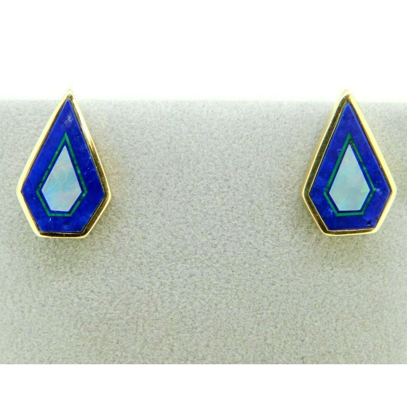 14k Gold Intarsia Stud Earrings with Genuine Natural Opal Lapis Inlay (#J5073)