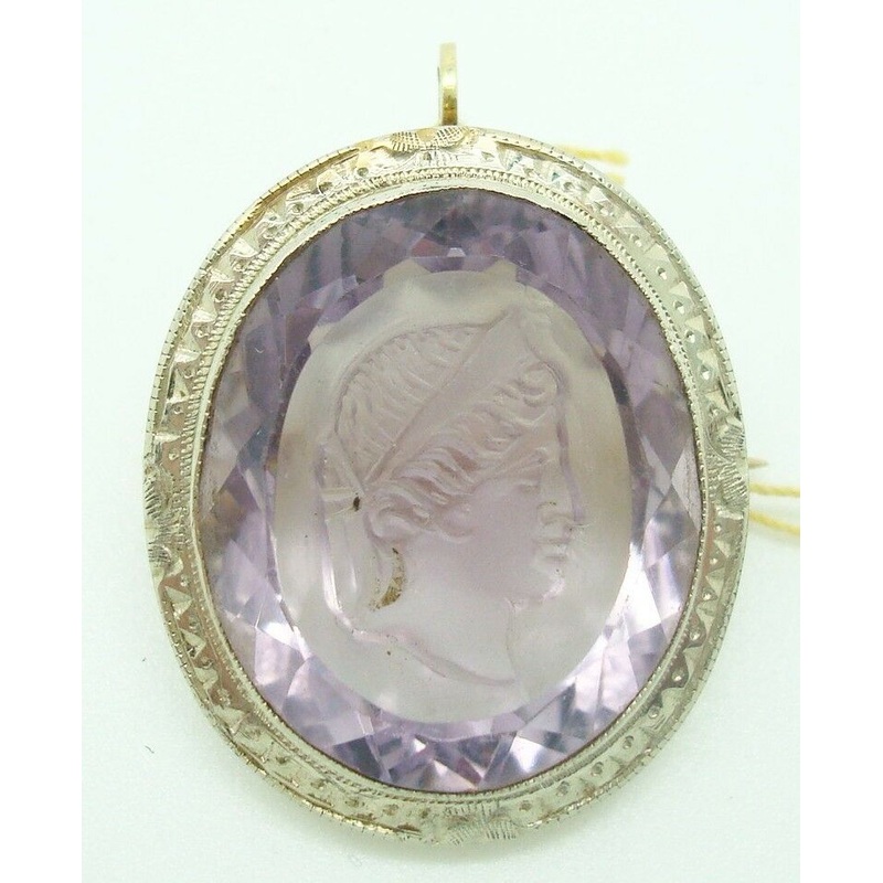 14K Gold Large Oval Genuine Natural Amethyst Cameo Pin / Pendant (#J2297)