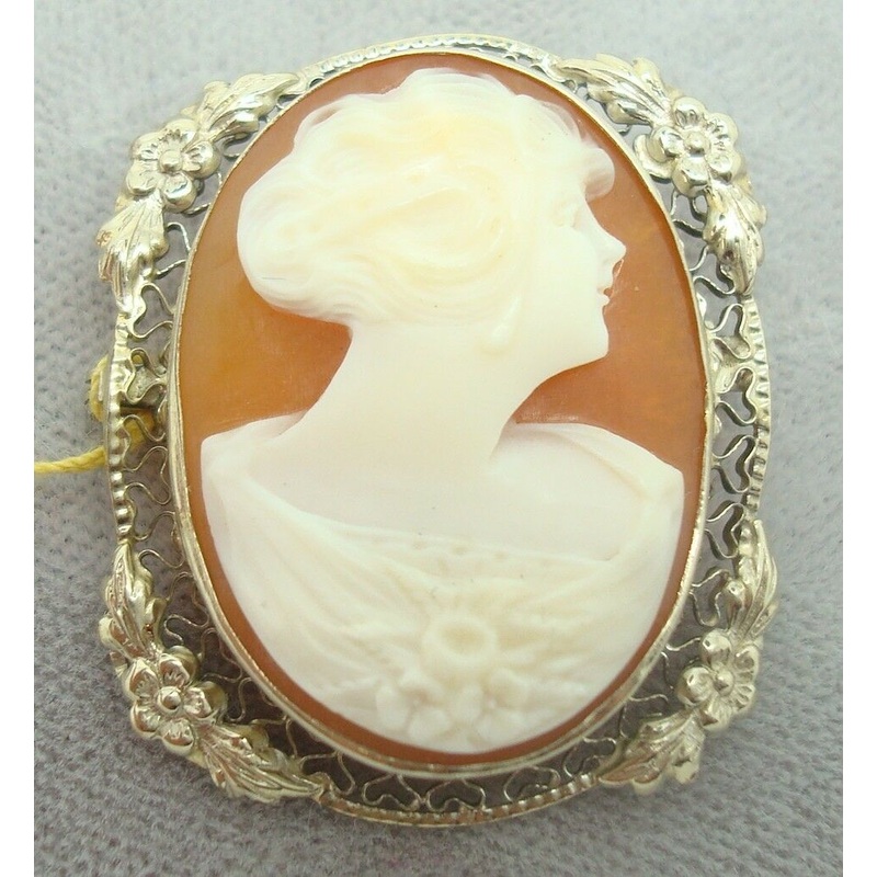 14K Gold Oval Genuine Natural Shell Cameo Brooch with Applied Flowers (#J2146)