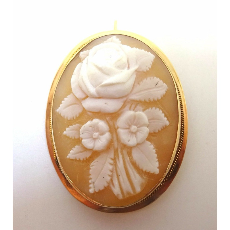 14k Gold Oval Genuine Natural Shell Cameo Pin / Pendant with Rose Bouquet #J3620