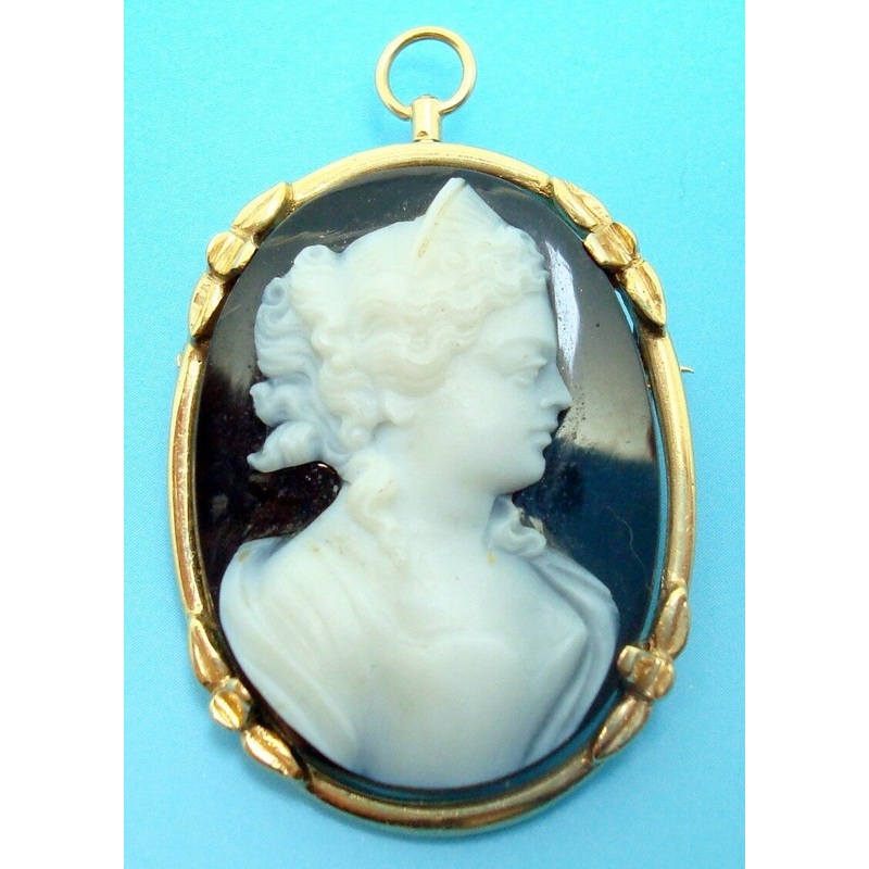 14K Gold Oval Hard Stone Genuine Natural Cameo Pin / Pendant (#J2925)