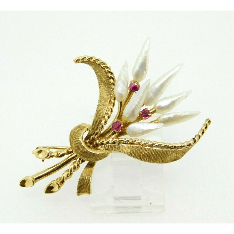 14k Gold Sheaves of Wheat Pin with Rubies and Pearls (#J640)