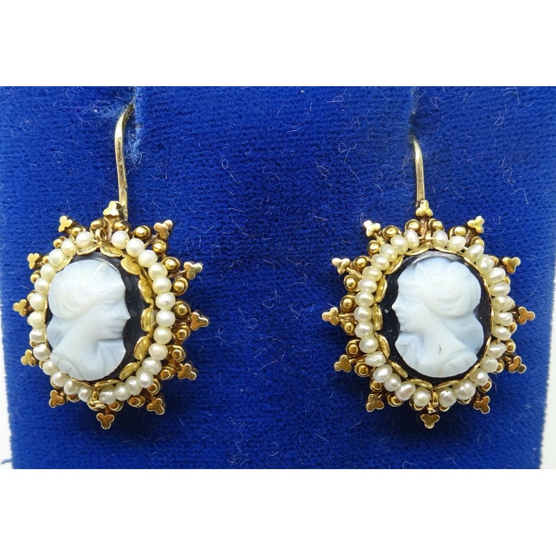 14k Victorian Hard Stone Dangle Earrings with Pearls (#C3488)
