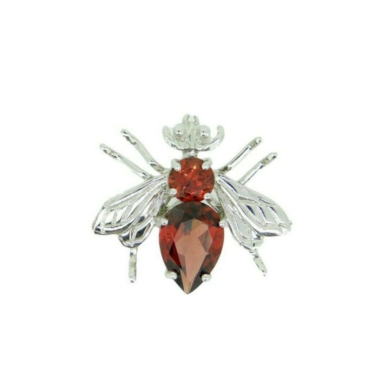 14k White Gold Bee Fly Insect Genuine Natural Garnet Pin Pendant (#J4558)