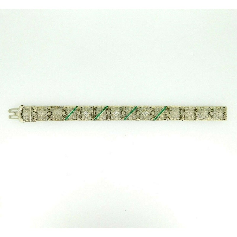 14k White Gold Filigree Diamond Bracelet Double Wide Synthetic Emeralds (#J4503)
