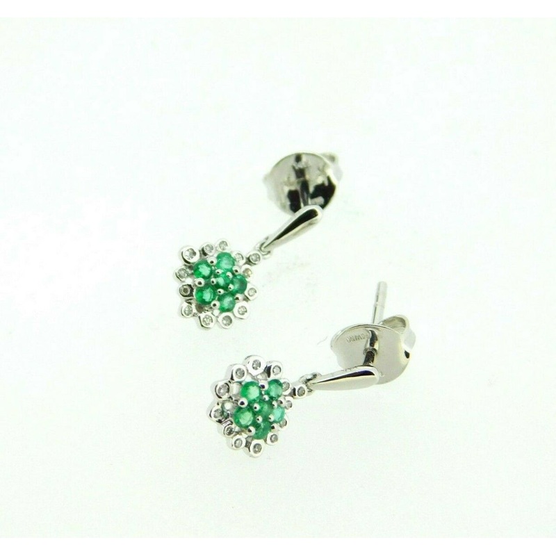14k White Gold Genuine Natural Emerald and Diamond Drop Earrings (#J5072)