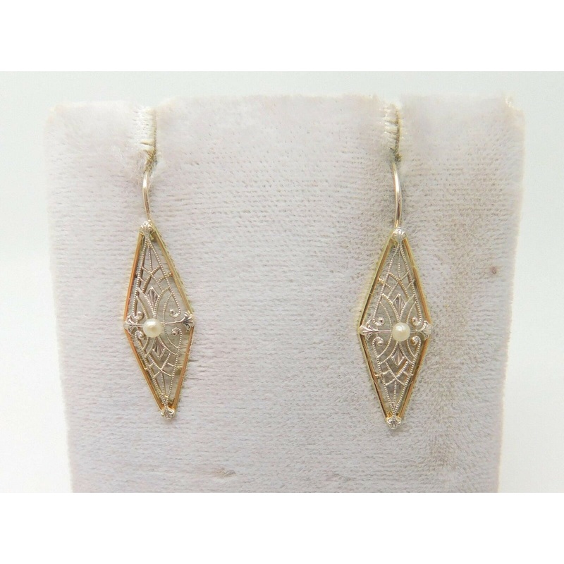 14k Yellow and White Gold Filigree Seed Pearl Earrings (#J3830)