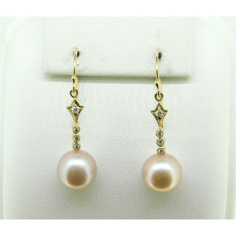 14k Yellow Gold 10mm Pink Pearl Dangle Earrings (#J4614)