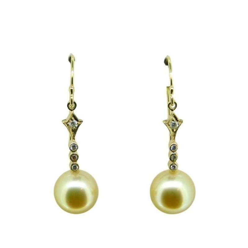 14k Yellow Gold 9.5mm Golden South Sea Pearl Dangle Earrings (#J4615)