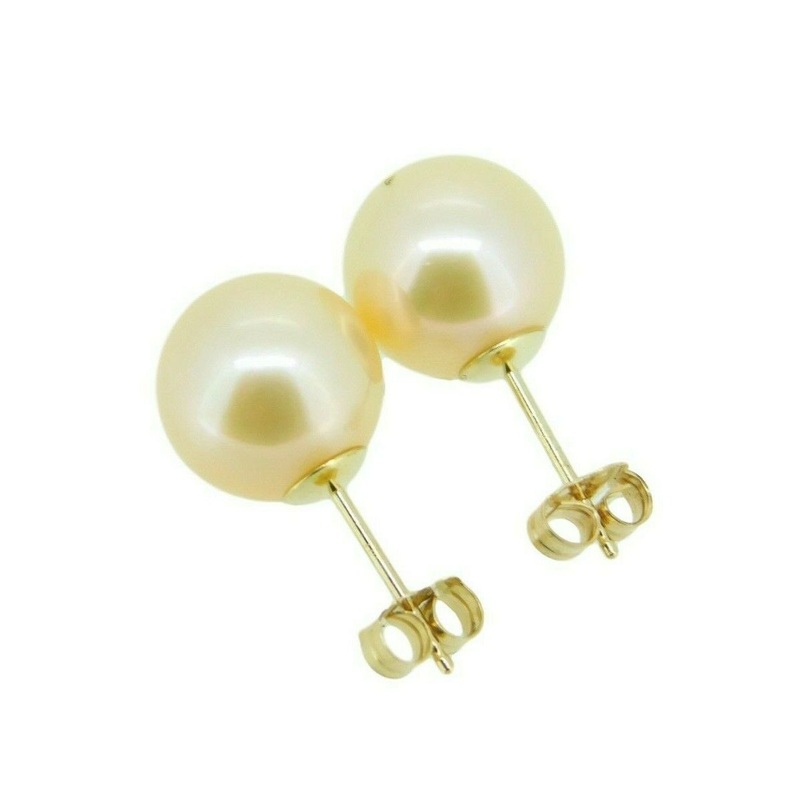 14k Yellow Gold 9mm Peach Freshwater Pearl Post Stud Earrings (#J4565)