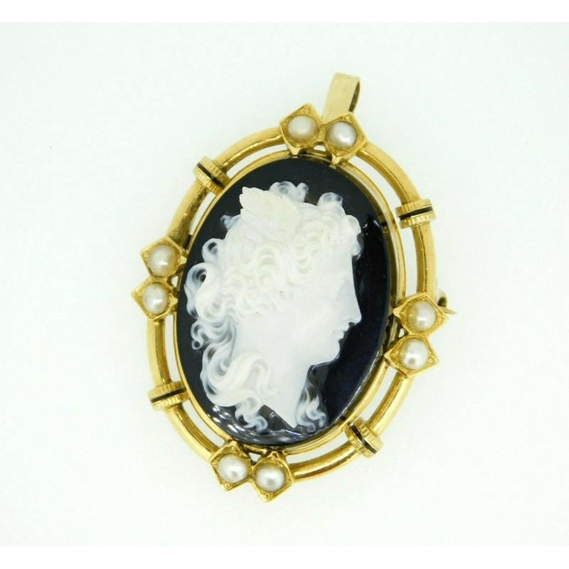 14k Yellow Gold Black and White Stone Cameo Pin / Pendant with Pearls (#J4467)