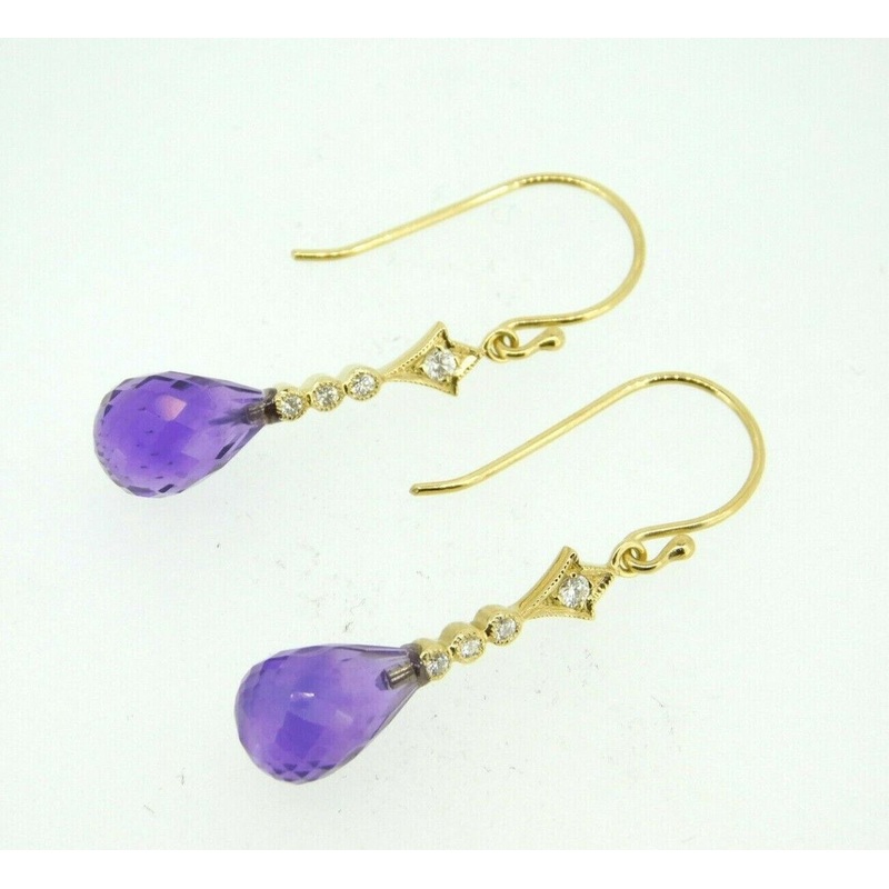 14k Yellow Gold Briolette Genuine Natural Amethyst and Diamond Earrings (#J4478)