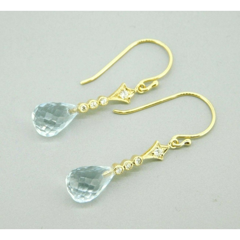 14k Yellow Gold Briolette Genuine Natural Aquamarine Diamond Earrings (#J4476)