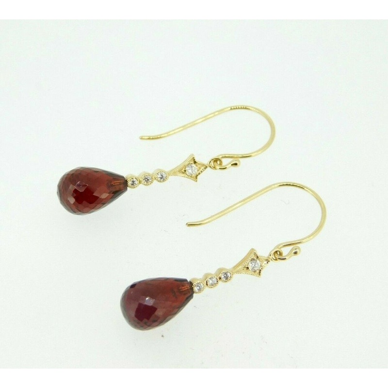 14k Yellow Gold Briolette Genuine Natural Garnet and Diamond Earrings (#J4479)