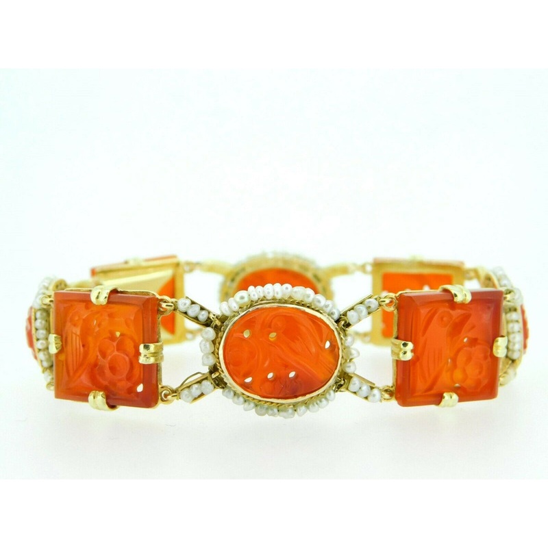 14k Yellow Gold Chinese Export Carved Carnelian Bracelet (#J5061)
