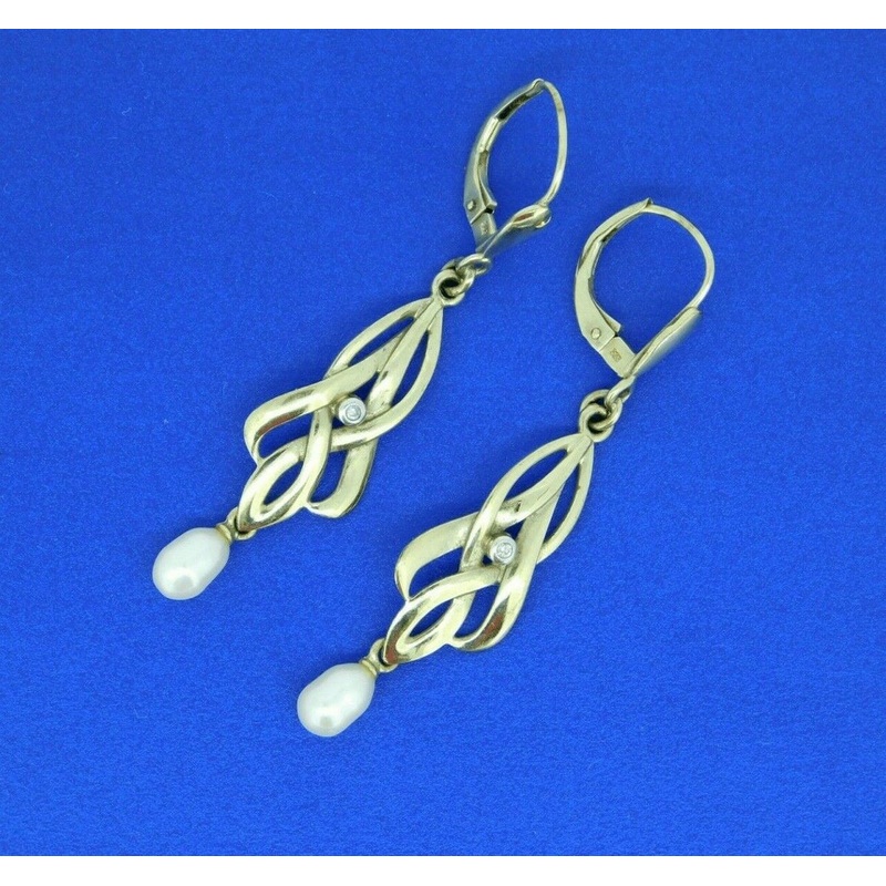 8k Yellow Gold Art Nouveau Style Drop Diamond Earrings (#J4474)