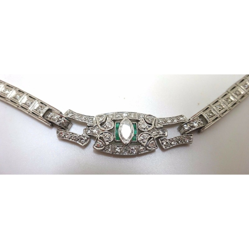 Art Deco Platinum Genuine Natural Diamond Bracelet with Emeralds (#J3489)