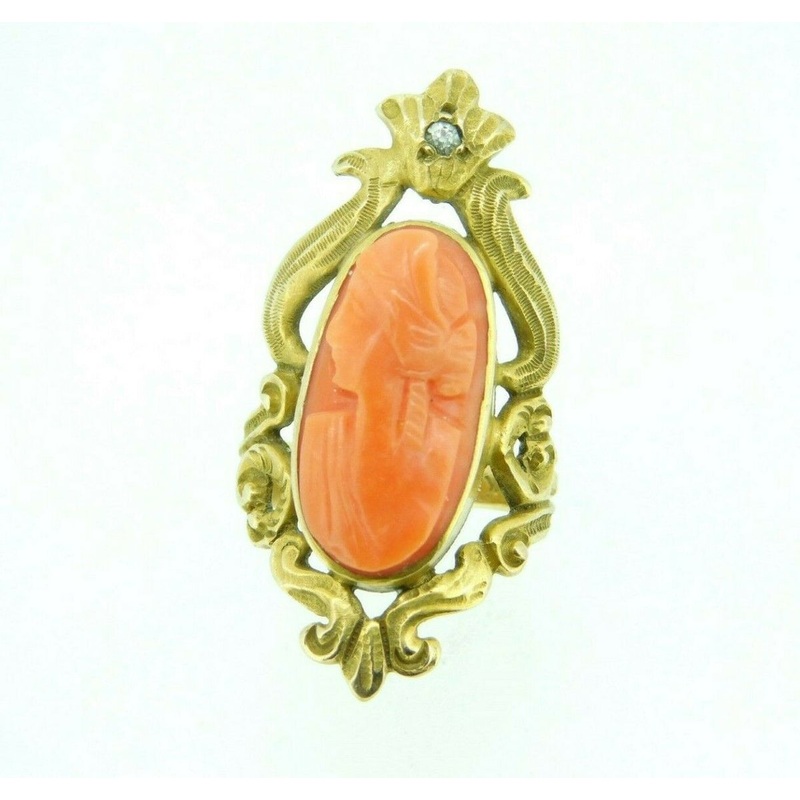 Art Nouveau 10k Yellow Gold Genuine Natural Coral Cameo Ring (#J5115)