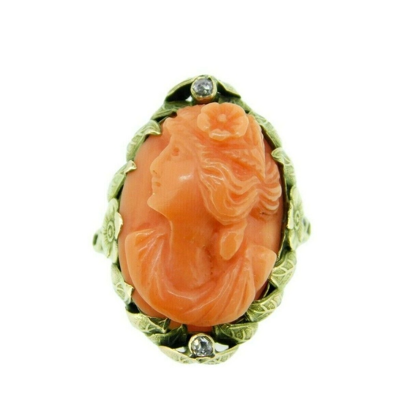 Art Nouveau 14k Gold Genuine Natural Coral Cameo Ring with Cast Leaves (#J4543)