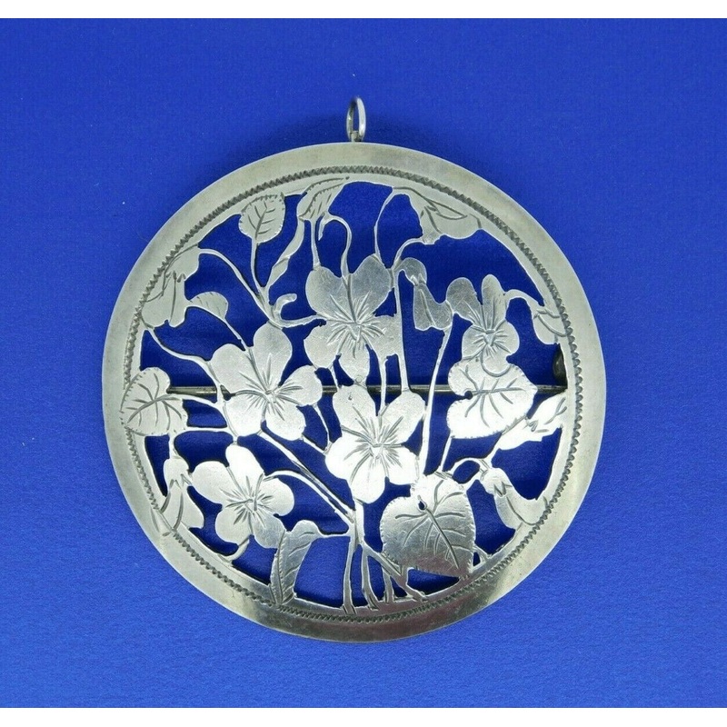 Arts and Crafts Sterling Violets Pin Hand Wrought 2" Diameter (#J4463)