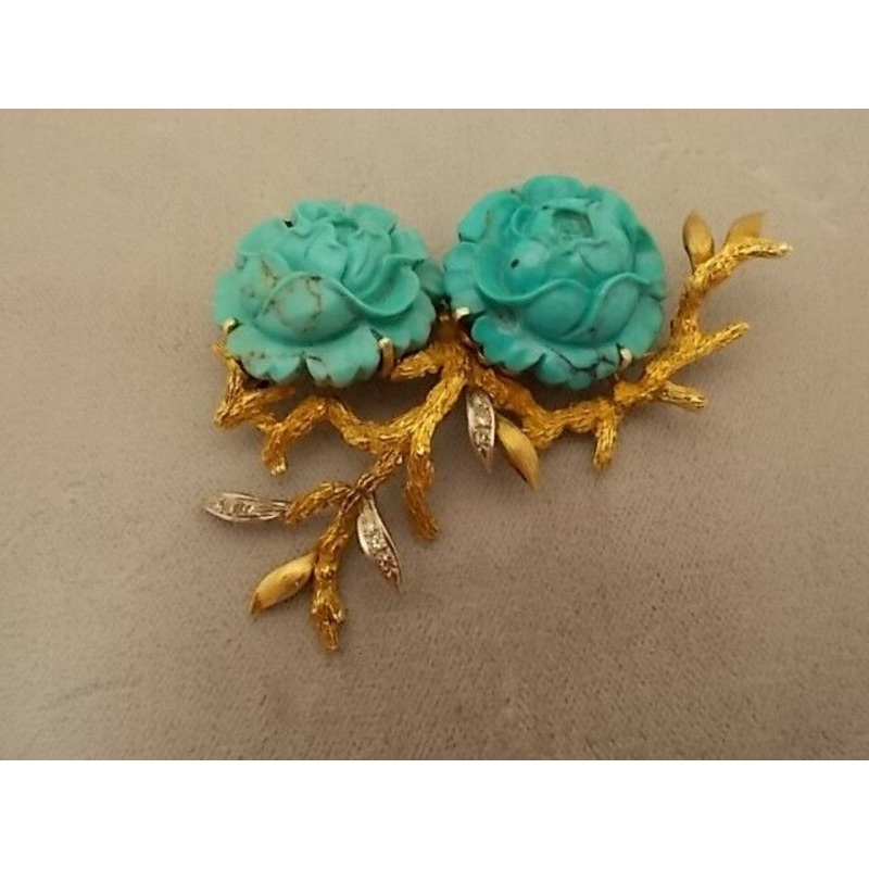Elegant 14k Gold Carved Genuine Natural Turquoise Flower Pin (#J452)