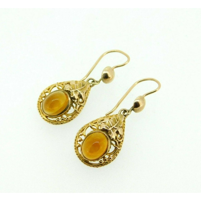 English 9k Gold Genuine Natural Citrine Earrings Filigree and Leaves (#J5068)