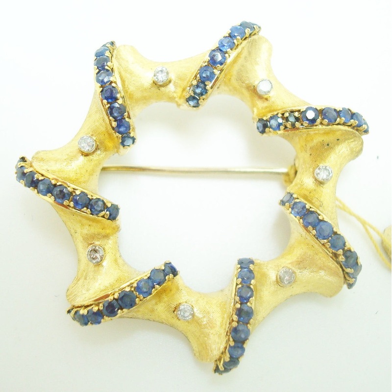 Fine 18k Yellow Gold Italian Genuine Natural Sapphire Diamond Circle Pin #J2390