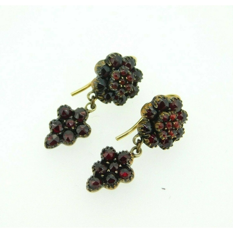 Genuine Natural Bohemian Garnet Dangle Earrings Rose Cut 14k Gold Hooks (#J4507)