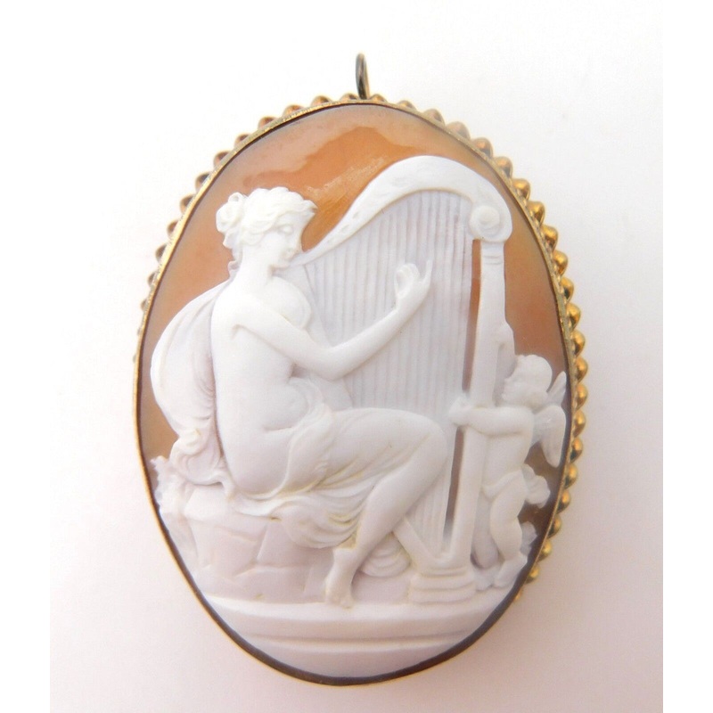 Genuine Natural Shell Cameo Pin / Pendant with Woman Harp Angel (#J3821)