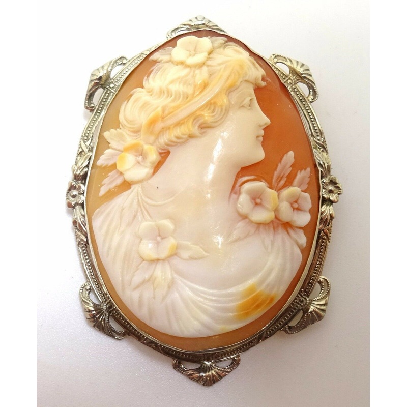 Large 14k Gold Genuine Natural Shell Cameo Pin with Flowers (#J3522)