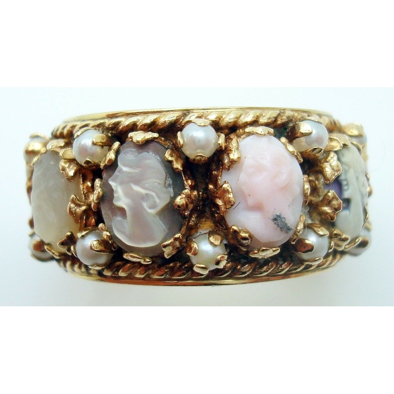Large 14k Gold Wide Band Cameo Ring with Pearls (#C2465)