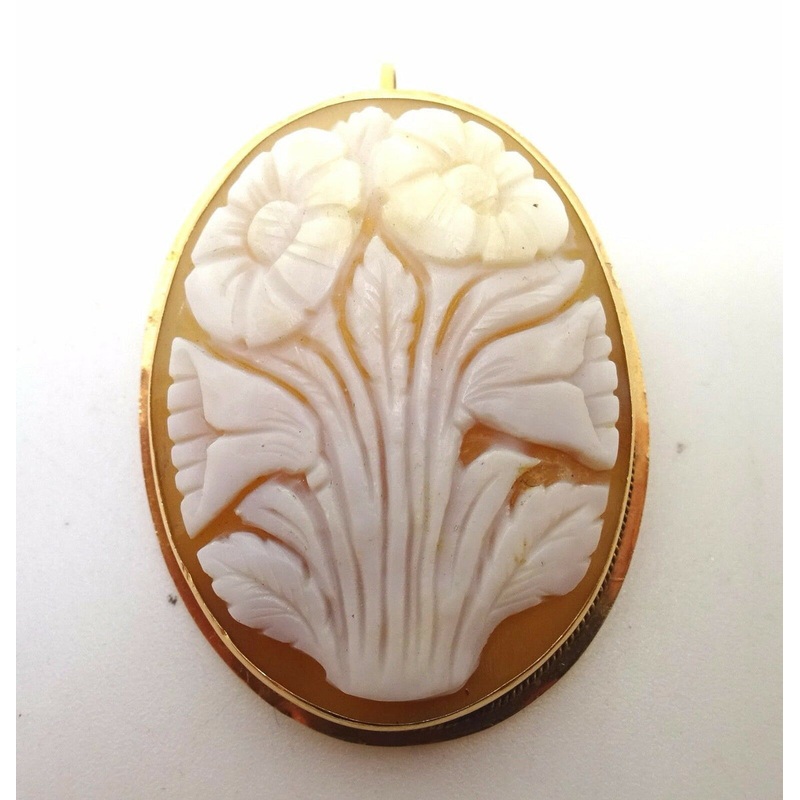 Oval 14k Gold Genuine Shell Cameo Pin / Pendant w/Carved Flowers (#J3685)