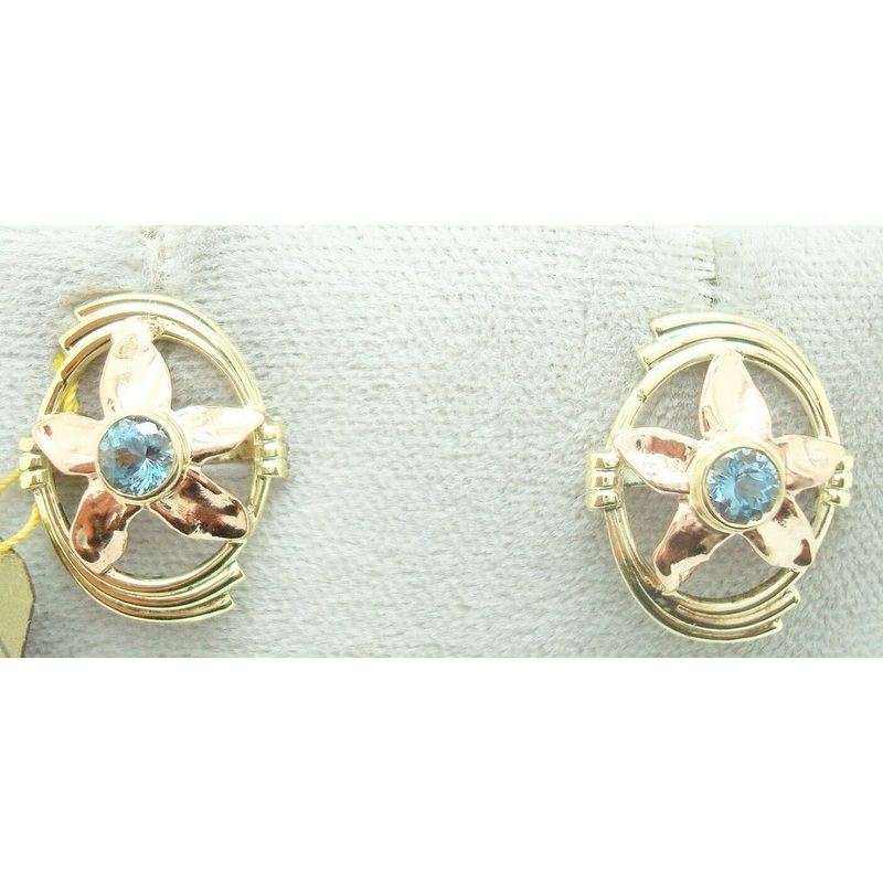 Retro 14k Gold Genuine Natural Aquamarine Earrings w/Rose Gold Flowers (#J2522)