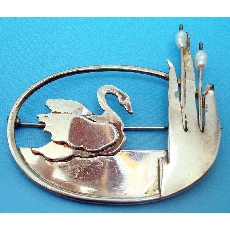 Sterling Hand Wrought Brooch with Swan and Pearls (#J2979)