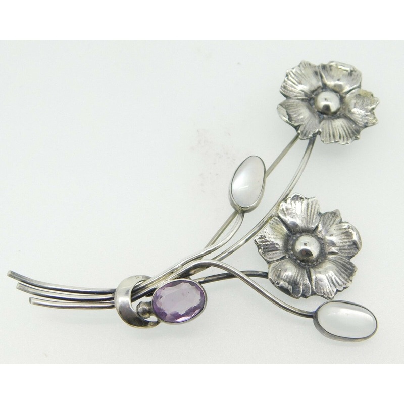 Sterling Moonstones and Amethyst Flower Pin (#J4258)
